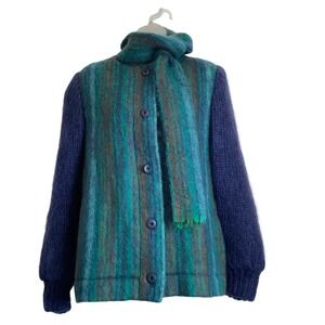 Donegal Design Handwoven Mohair Wool Jacket Scarf Teal Blue Green Ireland Vtg